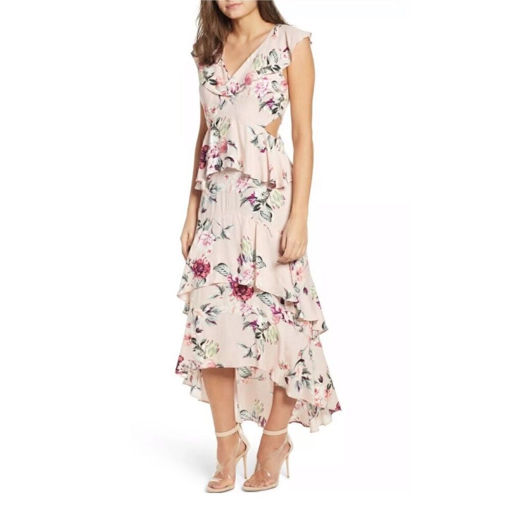 Leith pink Dress M Ruffle Tiered Floral Hi Lo Maxi Sleeveless Side Cuts Outs